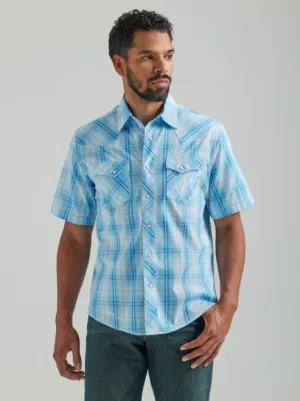 112324654- Wrangler Men’s Fashion Snap SS Plaid Shirt - Baby Blue