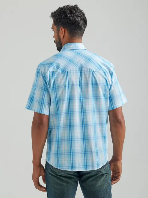 112324654- Wrangler Men’s Fashion Snap SS Plaid Shirt - Baby Blue