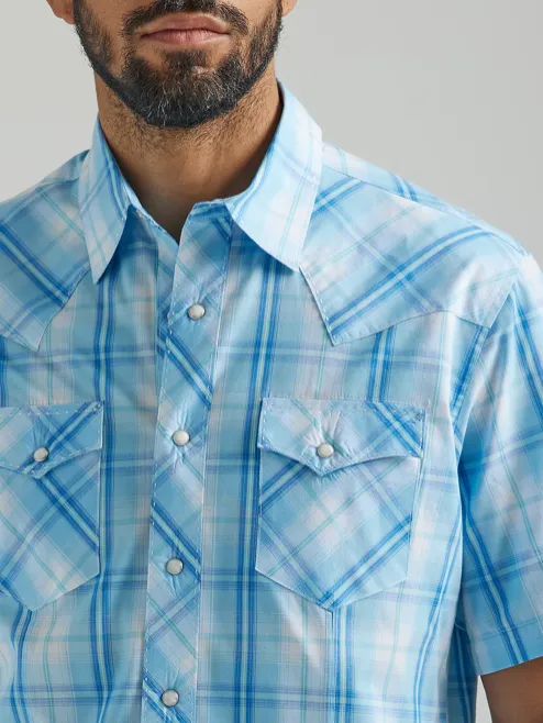 112324654- Wrangler Men’s Fashion Snap SS Plaid Shirt - Baby Blue