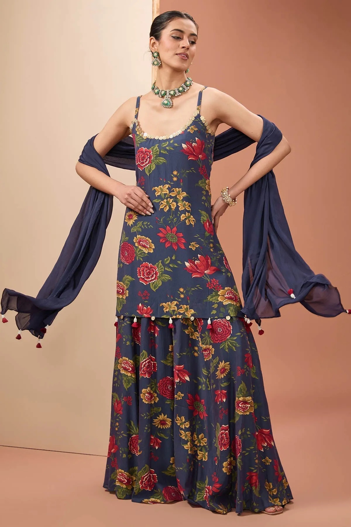 Blue Floral Printed Sharara Set
