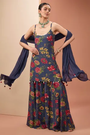 Blue Floral Printed Sharara Set