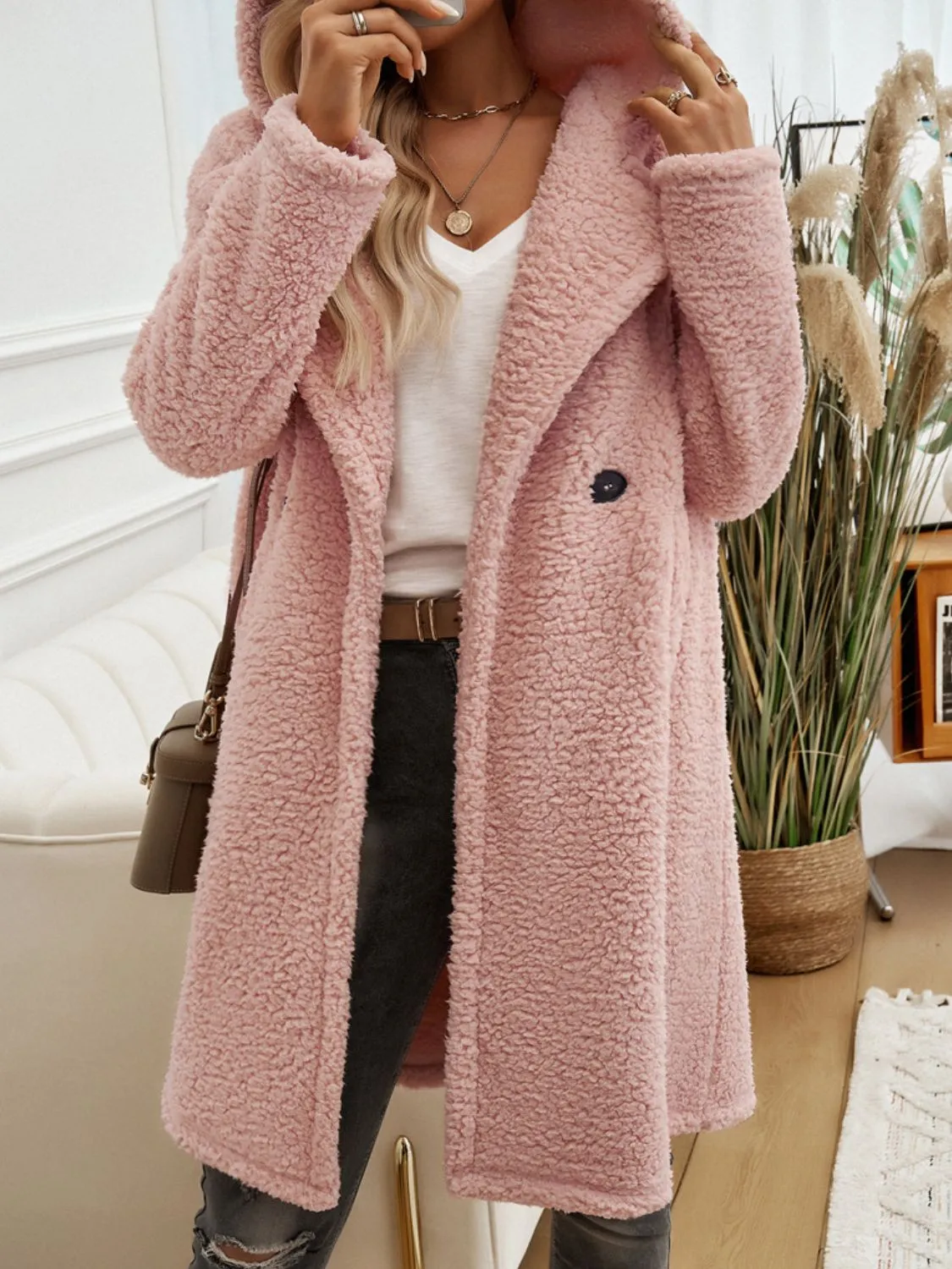 Blue Zone Planet |  Devine Pocketed Long Sleeve Hooded Teddy Coat