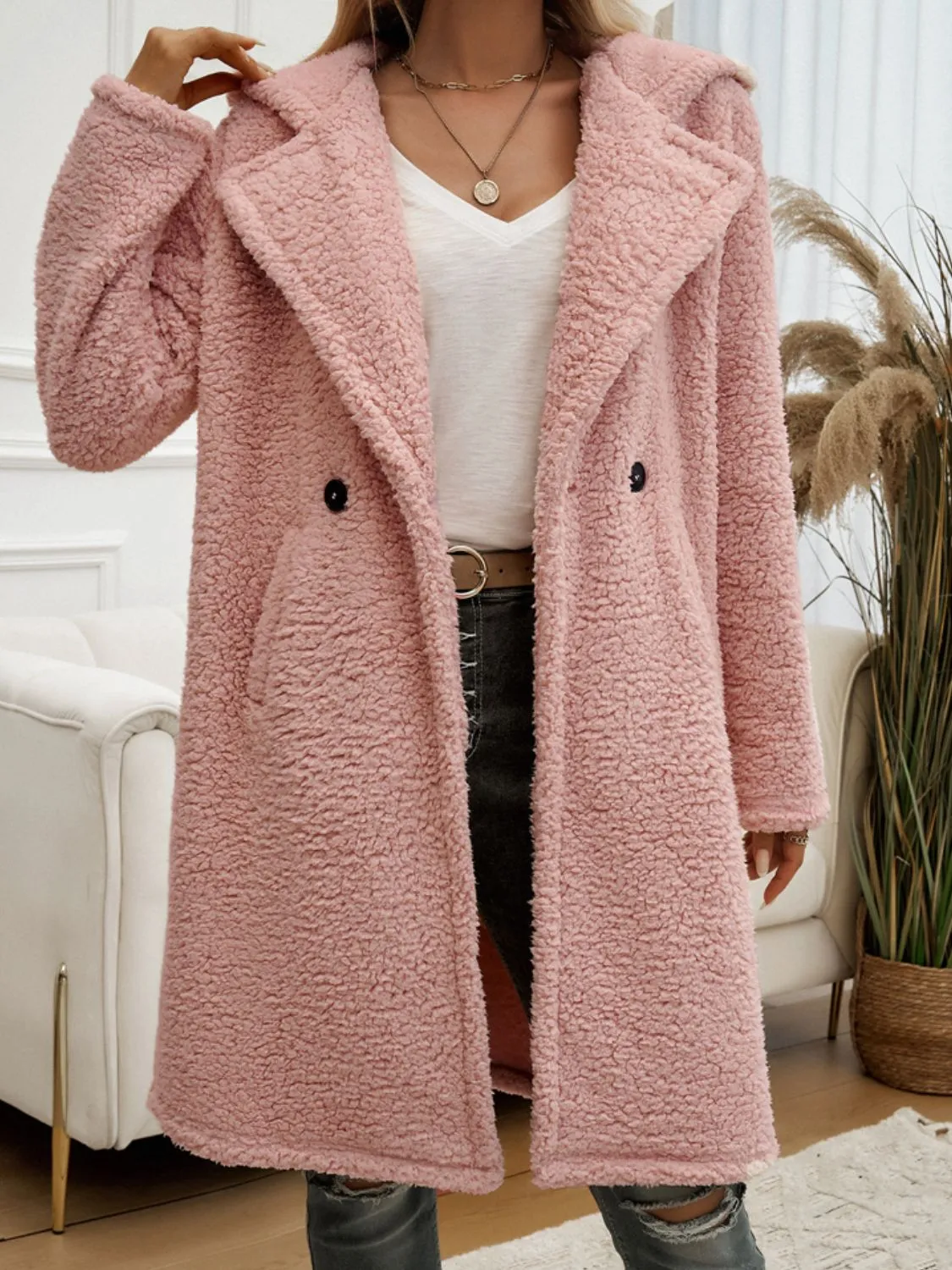 Blue Zone Planet |  Devine Pocketed Long Sleeve Hooded Teddy Coat