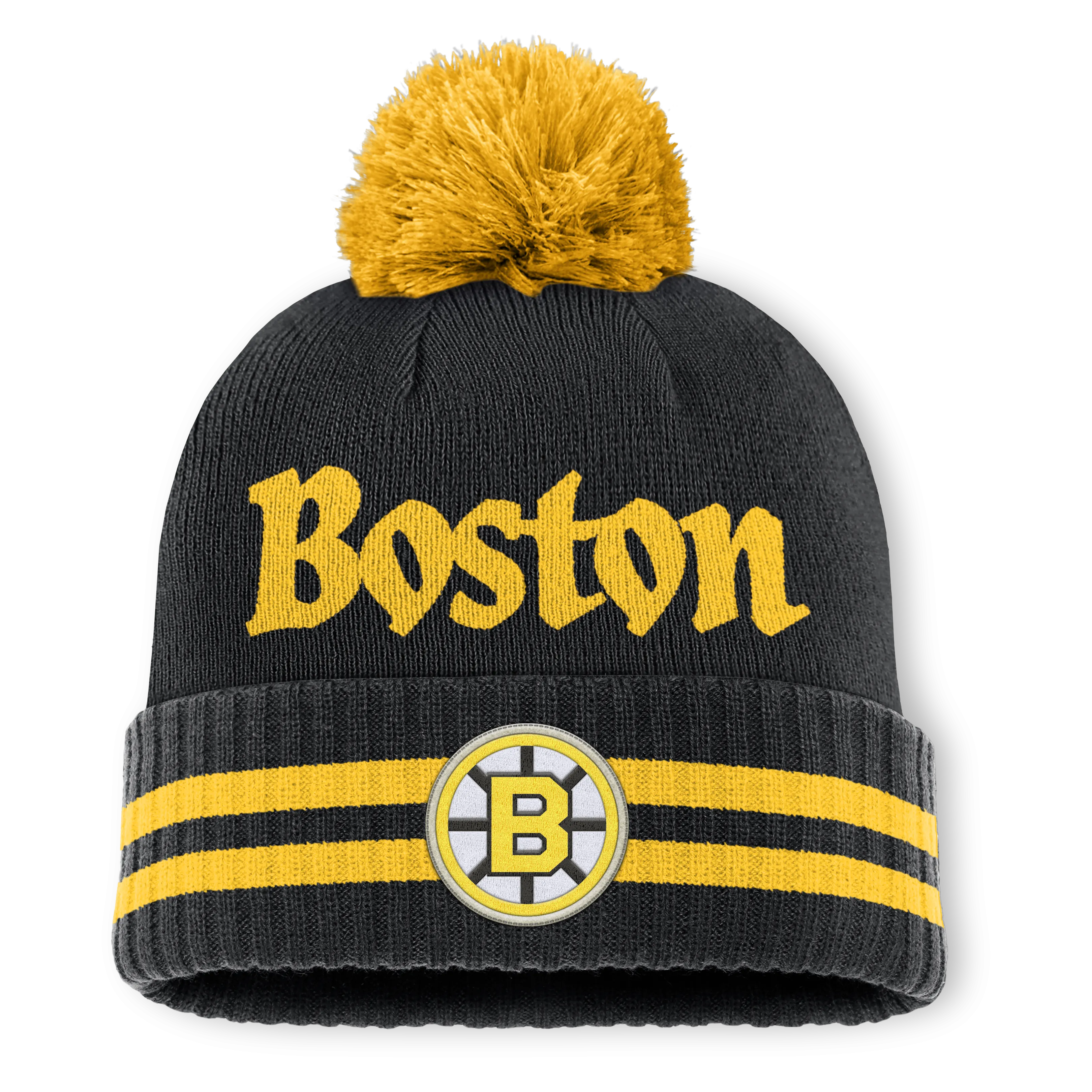 Boston Bruins Fanatics Heritage Blind Side Cuff Knit Toque with Pom - Black/Yellow