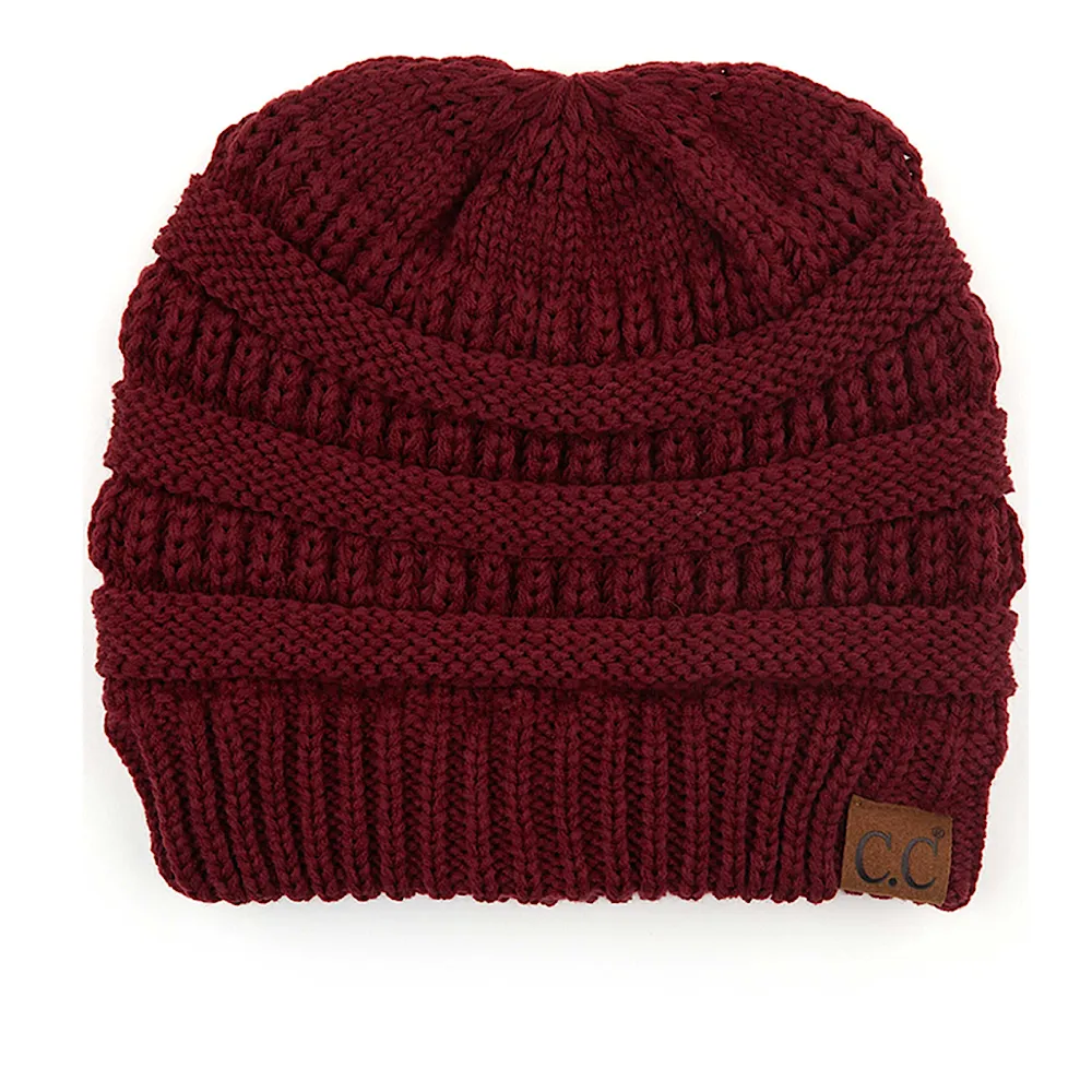 Burgundy Criss Cross Ponytail C.C Cable Knit Beanie Hat