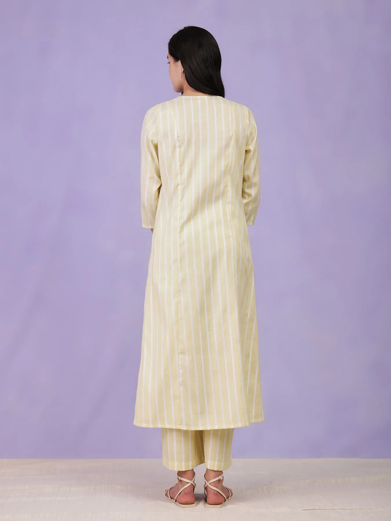 Cotton Lurex Striped Kurta Set - Yellow