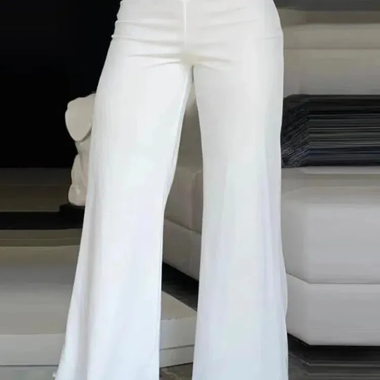 Elegant High Waist Flared Women Pants with Sheer Mesh Patch