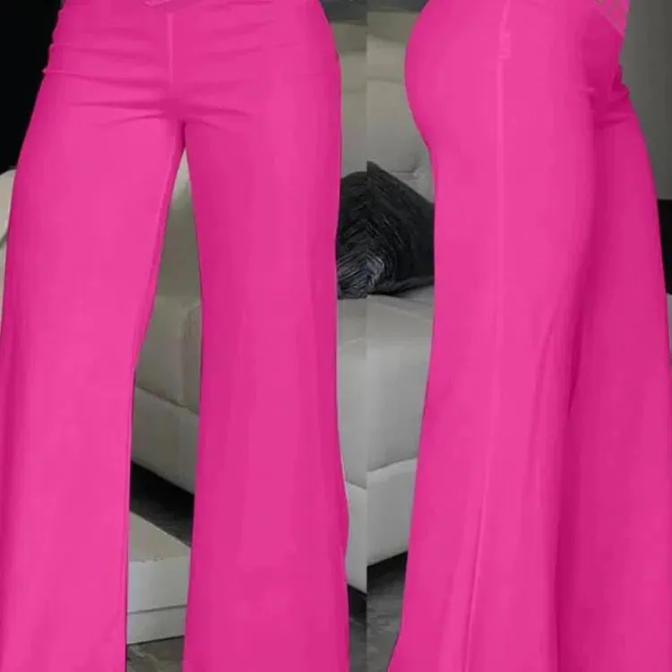 Elegant High Waist Flared Women Pants with Sheer Mesh Patch