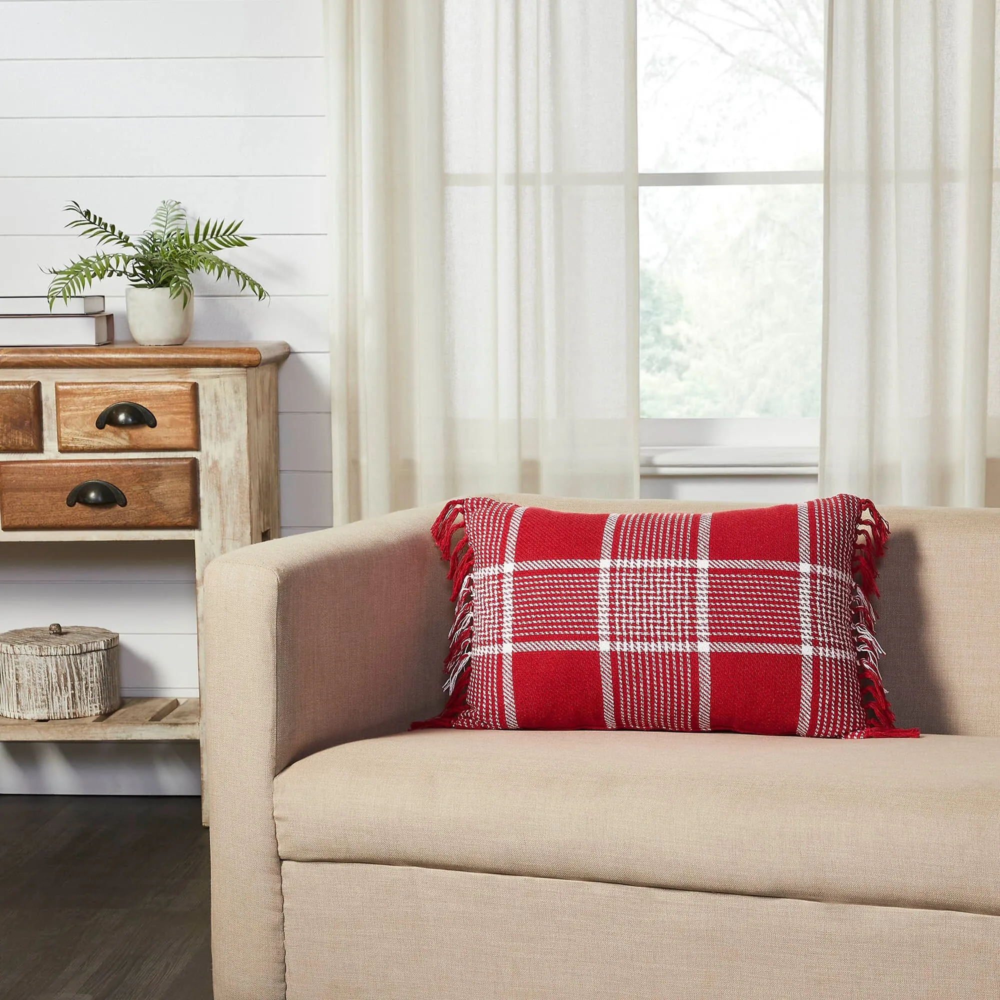 Eston Red Plaid Fringed Pillow 14x22"