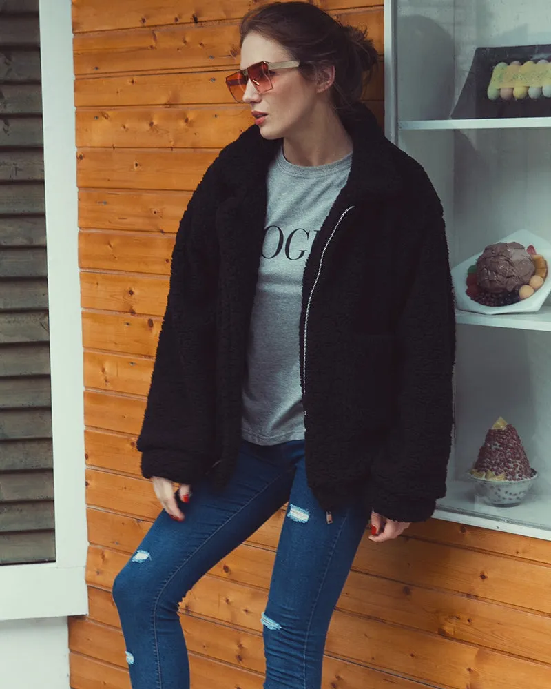 Fleece Fuzzy Faux Zipper Coats Casual Lapel Outwear