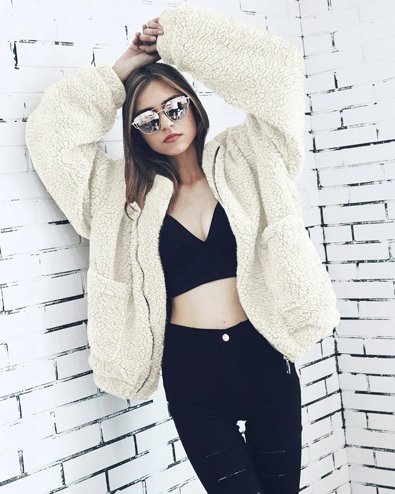 Fleece Fuzzy Faux Zipper Coats Casual Lapel Outwear