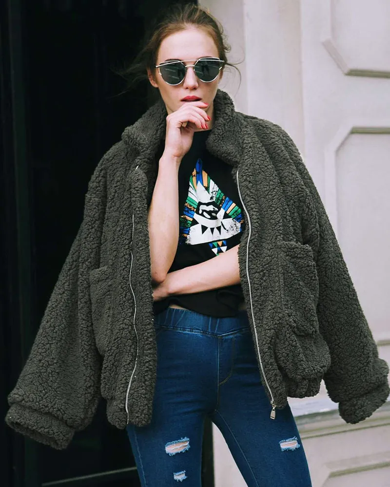 Fleece Fuzzy Faux Zipper Coats Casual Lapel Outwear