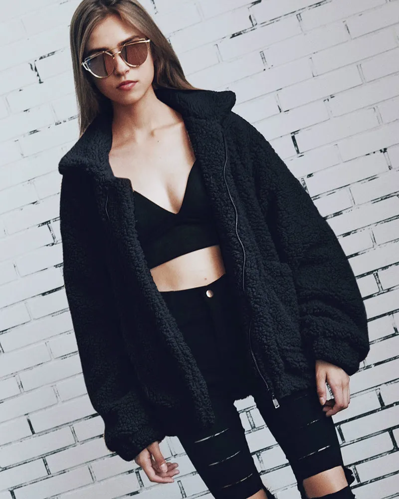 Fleece Fuzzy Faux Zipper Coats Casual Lapel Outwear