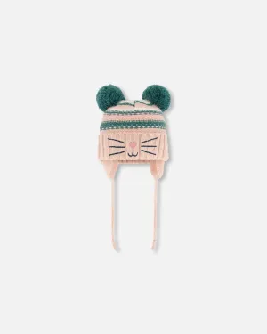 Knit Hat With Ears Light Pink Cat Face