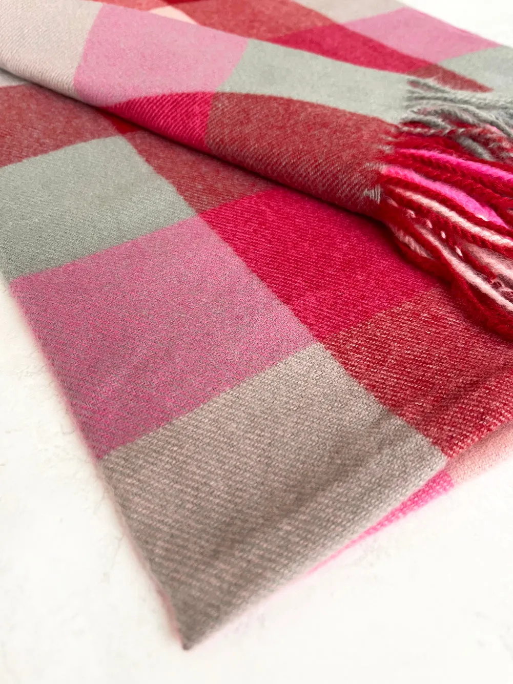 LONG FUCHSIA PINK WOOL MIX CHECKED TARTAN SCARF