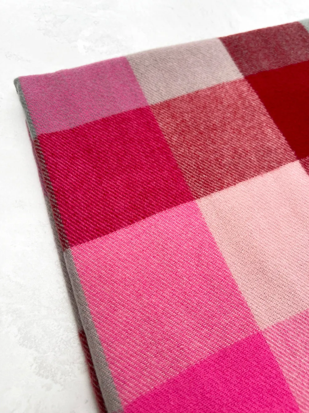 LONG FUCHSIA PINK WOOL MIX CHECKED TARTAN SCARF