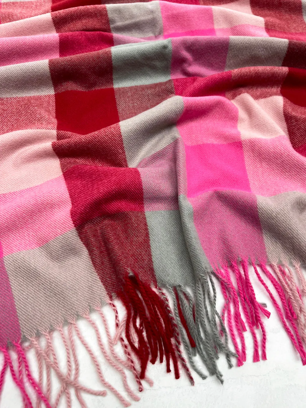 LONG FUCHSIA PINK WOOL MIX CHECKED TARTAN SCARF