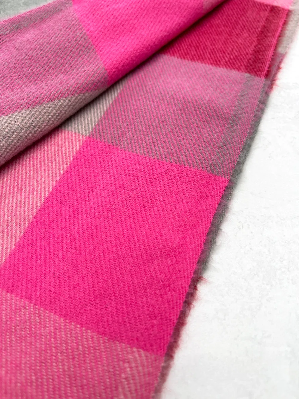 LONG FUCHSIA PINK WOOL MIX CHECKED TARTAN SCARF