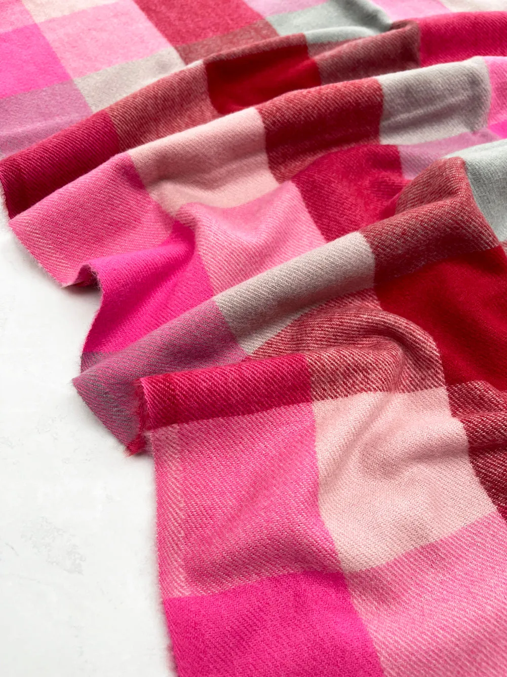 LONG FUCHSIA PINK WOOL MIX CHECKED TARTAN SCARF