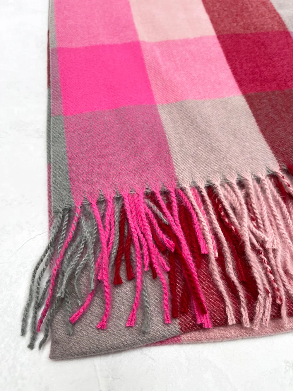 LONG FUCHSIA PINK WOOL MIX CHECKED TARTAN SCARF