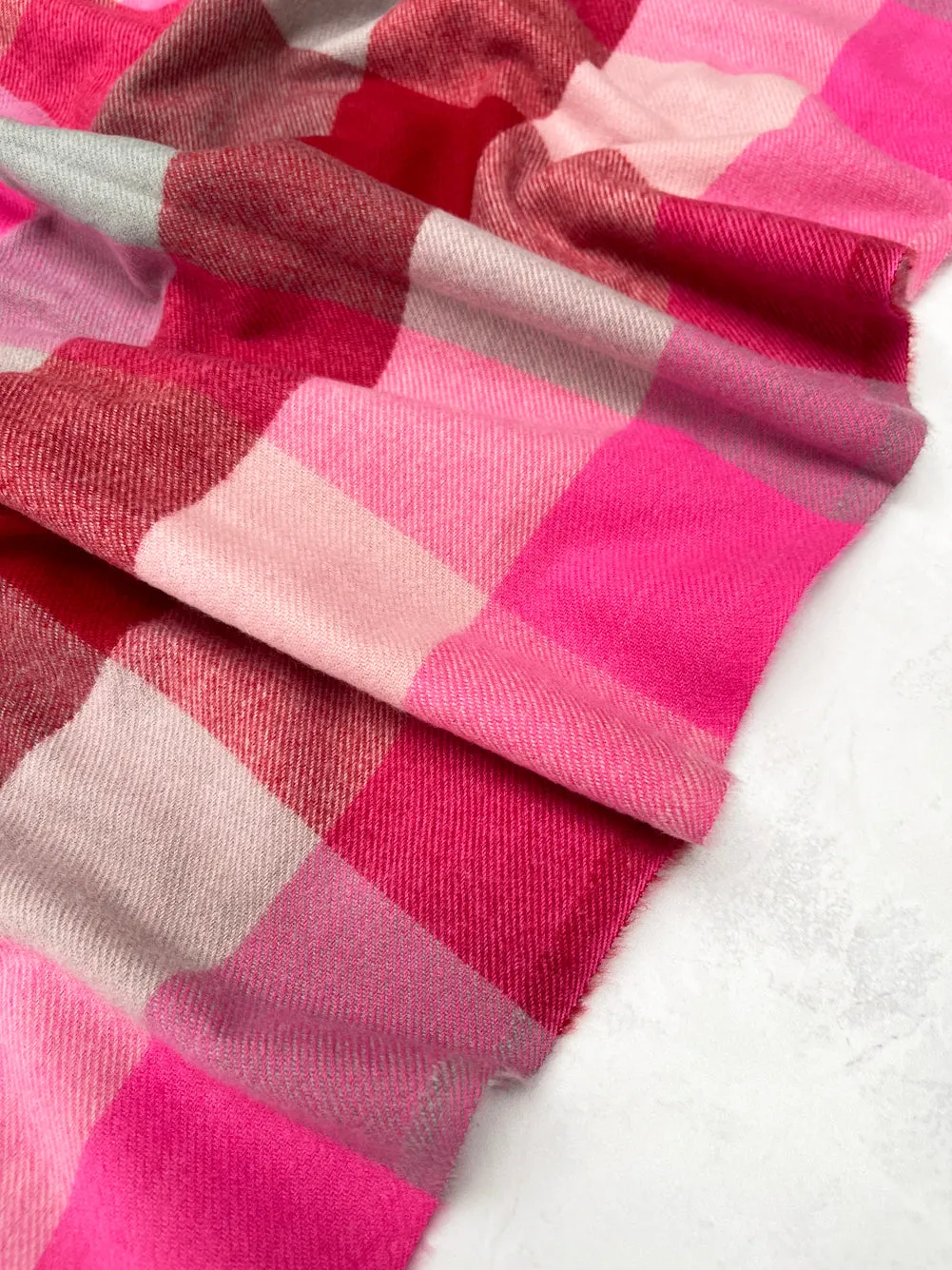 LONG FUCHSIA PINK WOOL MIX CHECKED TARTAN SCARF
