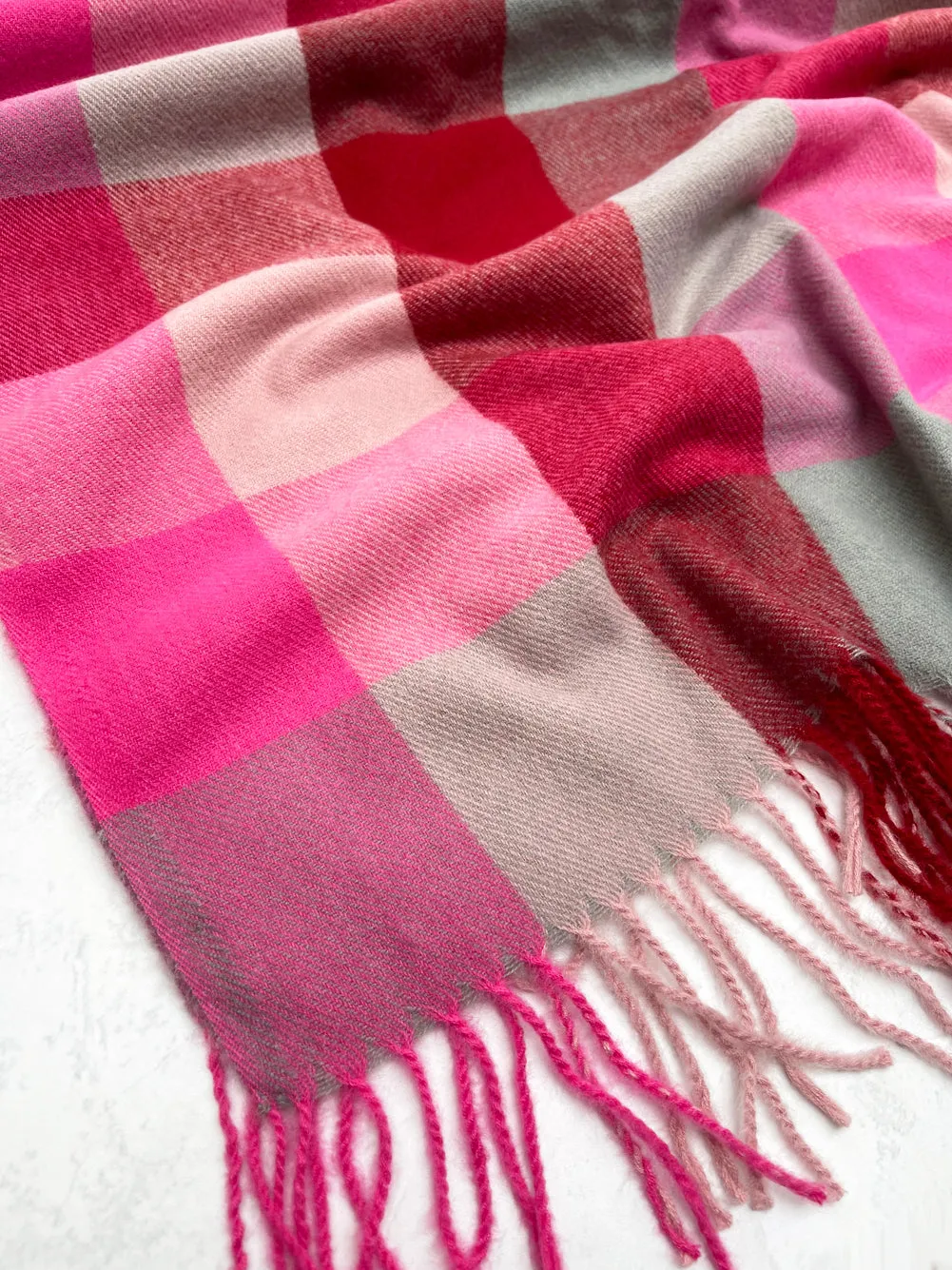 LONG FUCHSIA PINK WOOL MIX CHECKED TARTAN SCARF