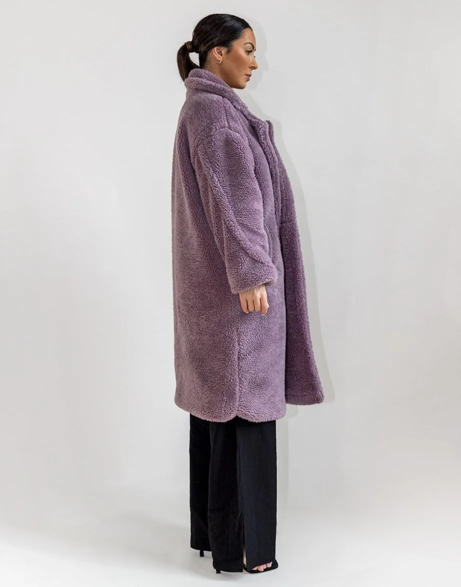 Oversized Longline Teddy Coat in Purple