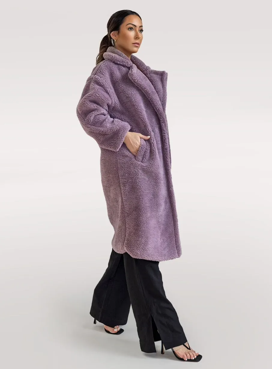 Oversized Longline Teddy Coat in Purple