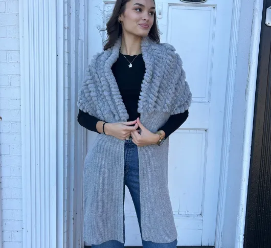 Peter Nathan Inc. - Knit and Rex Rabbit Fur Wrap in Gray