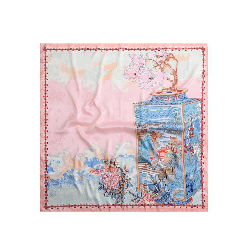 Pink Flora Chic Large Satin Scarf | 90x90cm Bandana | Twill Satin Shawl | Perfect Gift for Her, Mother's Day