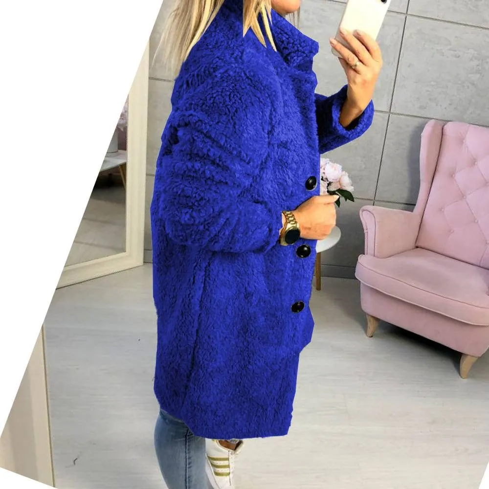 Sidiou Group Women Winter Warm Fluffy Coat Long Knee Jacket Teddy Bear Button Outwear