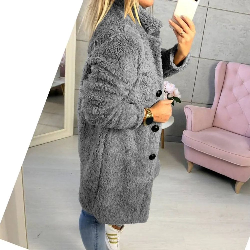 Sidiou Group Women Winter Warm Fluffy Coat Long Knee Jacket Teddy Bear Button Outwear
