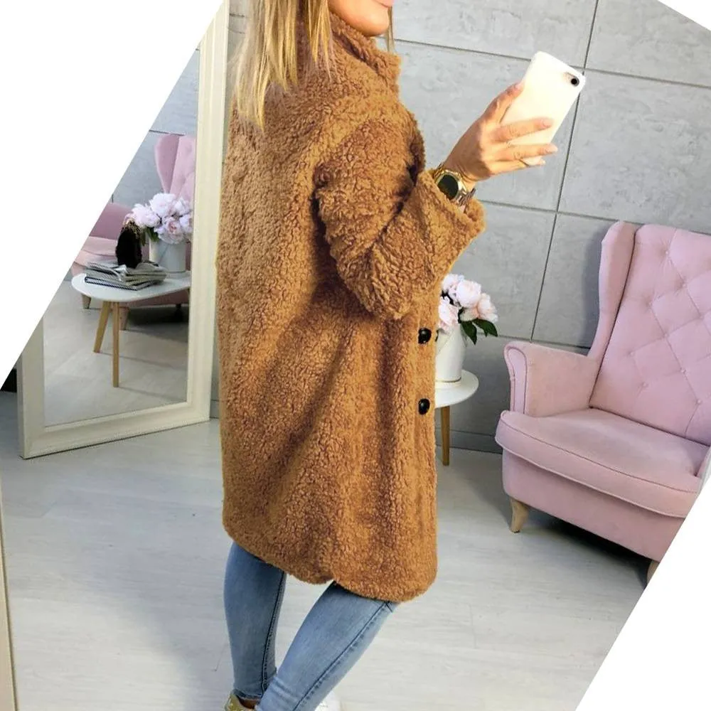 Sidiou Group Women Winter Warm Fluffy Coat Long Knee Jacket Teddy Bear Button Outwear
