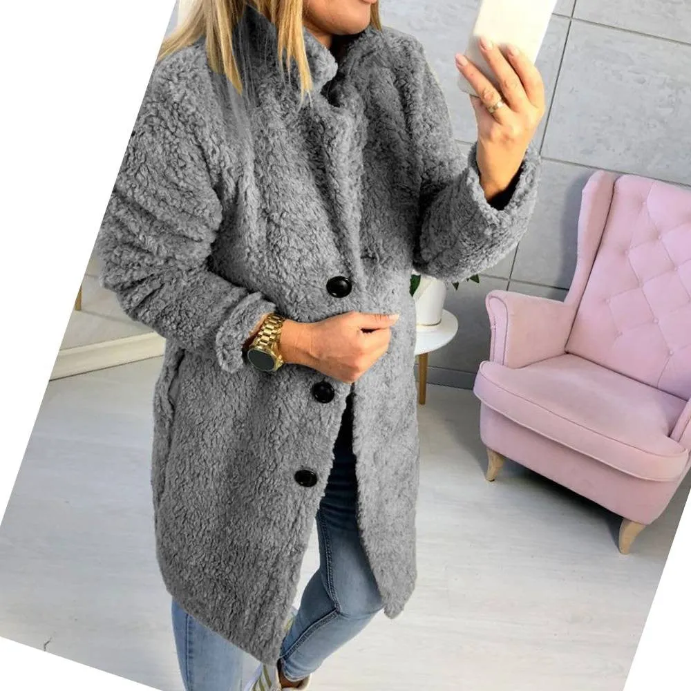 Sidiou Group Women Winter Warm Fluffy Coat Long Knee Jacket Teddy Bear Button Outwear