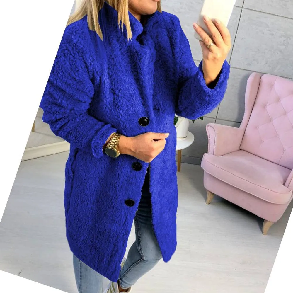 Sidiou Group Women Winter Warm Fluffy Coat Long Knee Jacket Teddy Bear Button Outwear
