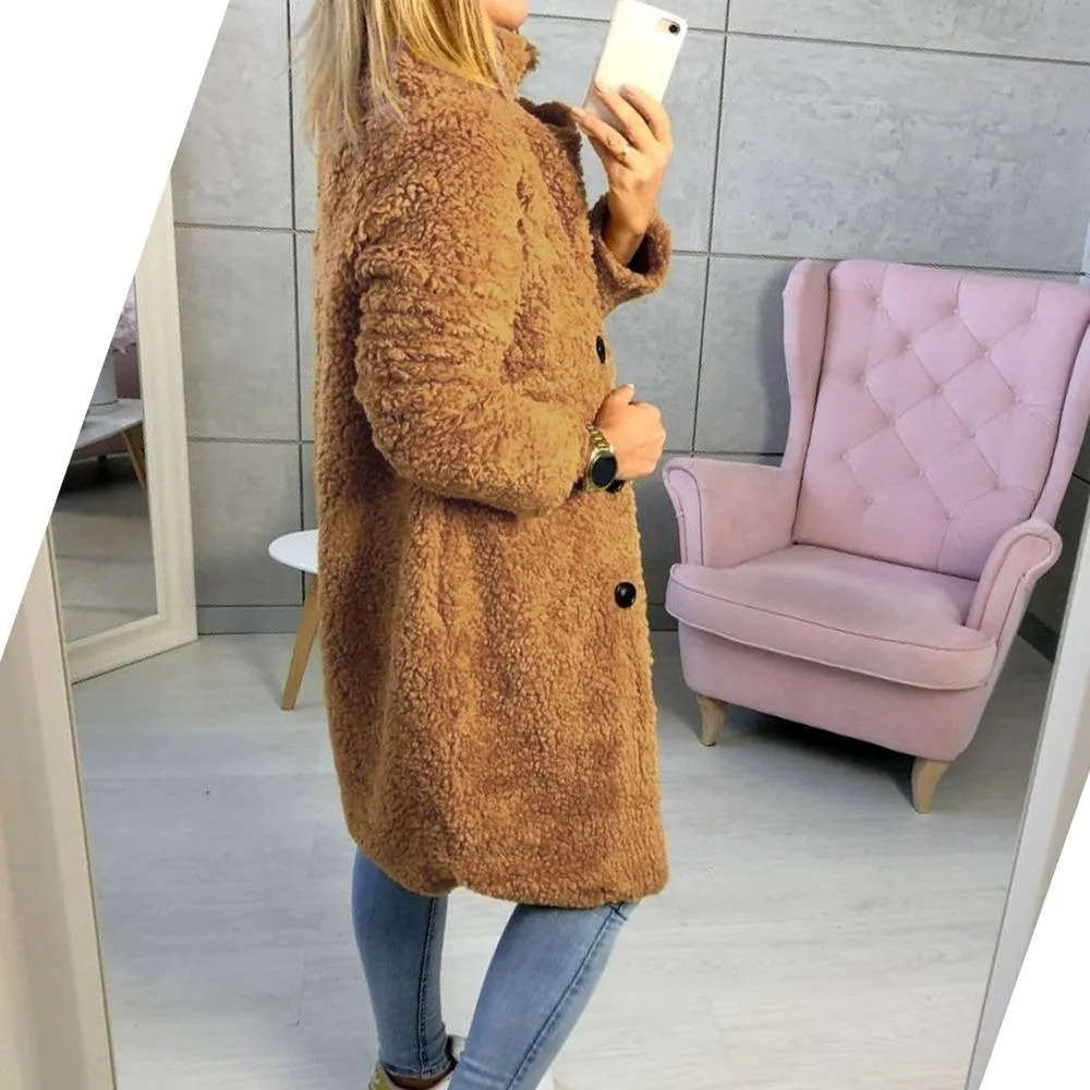 Sidiou Group Women Winter Warm Fluffy Coat Long Knee Jacket Teddy Bear Button Outwear