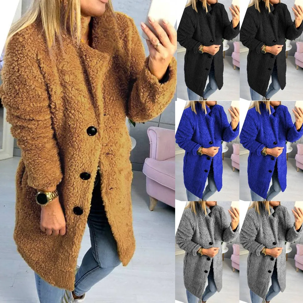 Sidiou Group Women Winter Warm Fluffy Coat Long Knee Jacket Teddy Bear Button Outwear