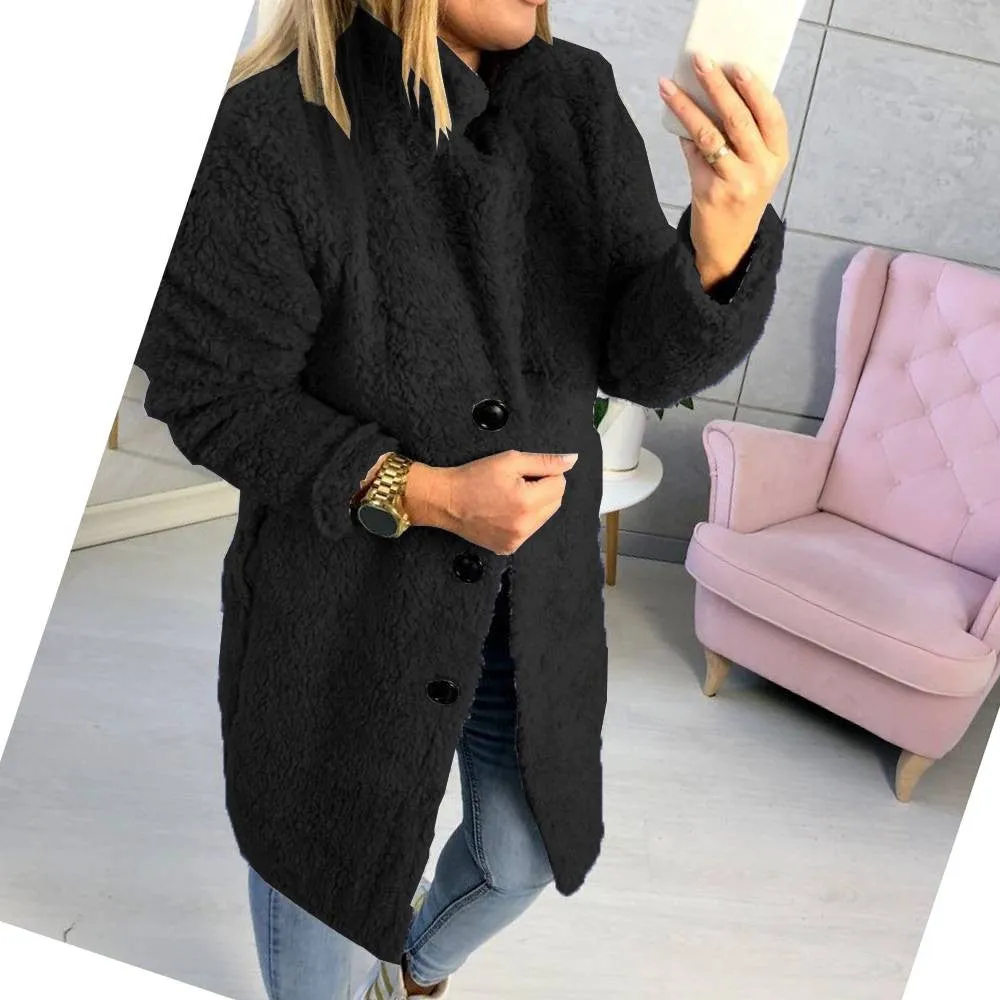 Sidiou Group Women Winter Warm Fluffy Coat Long Knee Jacket Teddy Bear Button Outwear