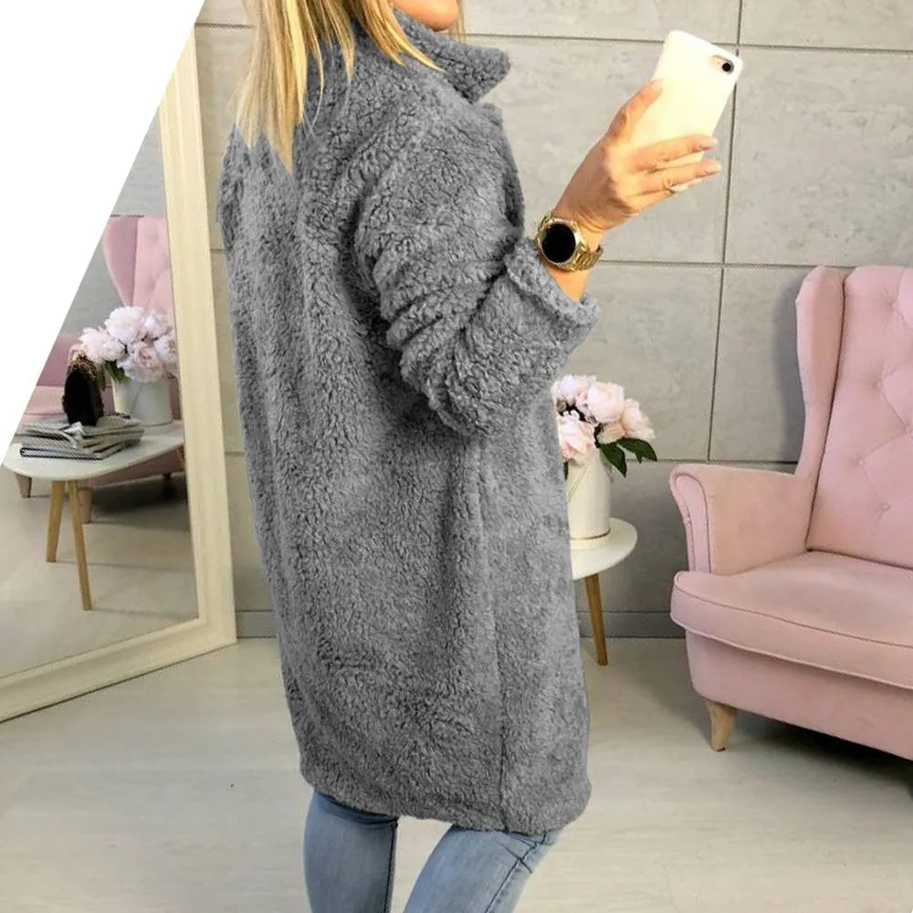 Sidiou Group Women Winter Warm Fluffy Coat Long Knee Jacket Teddy Bear Button Outwear