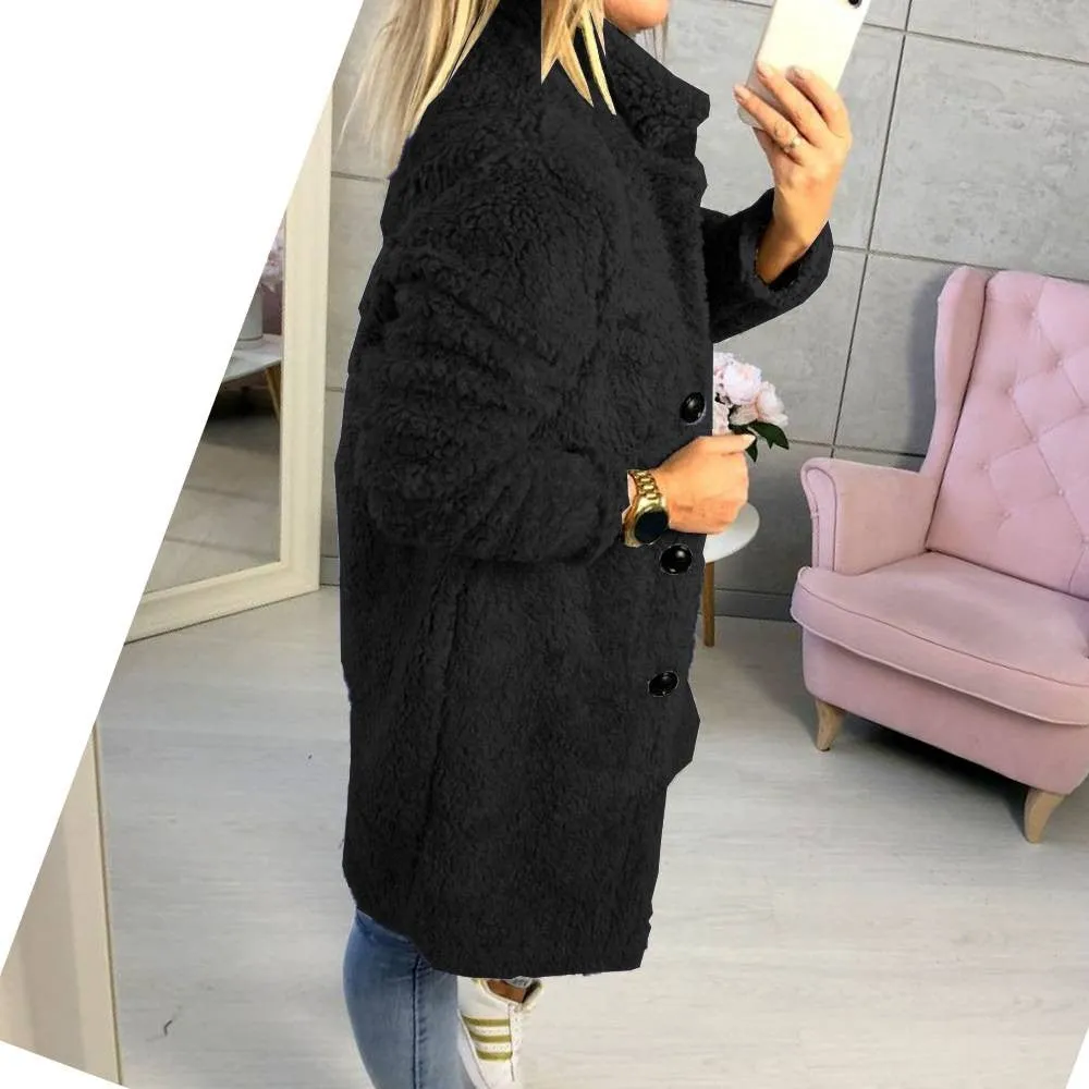 Sidiou Group Women Winter Warm Fluffy Coat Long Knee Jacket Teddy Bear Button Outwear