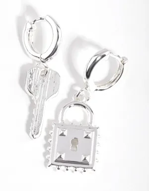 Silver Lock & Key Huggie Earrings