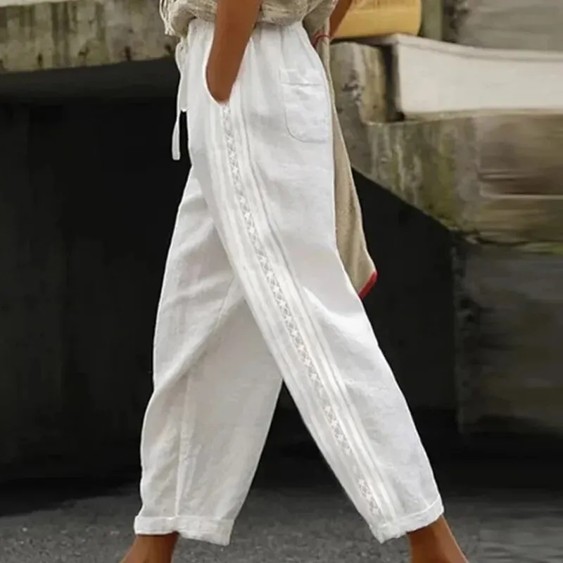 Women Fashion Embroidered Lace Straight Trousers Casual Drawstring Elastic Waist Pockets Pants Ladies Vintage Loose Long Pants