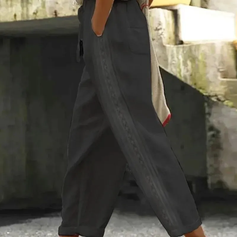Women Fashion Embroidered Lace Straight Trousers Casual Drawstring Elastic Waist Pockets Pants Ladies Vintage Loose Long Pants