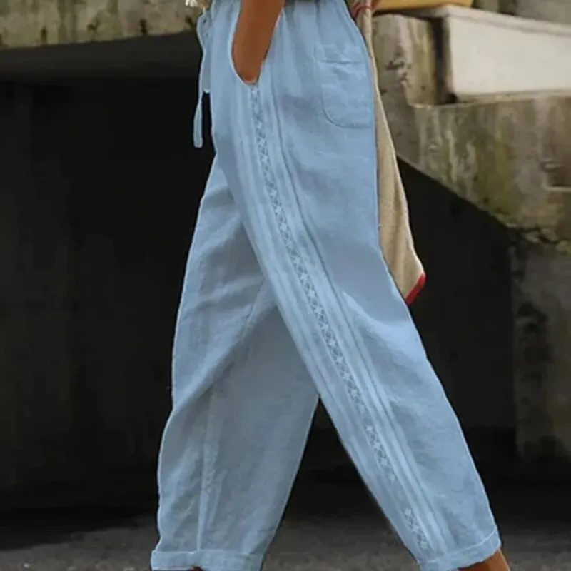 Women Fashion Embroidered Lace Straight Trousers Casual Drawstring Elastic Waist Pockets Pants Ladies Vintage Loose Long Pants