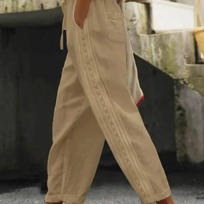 Women Fashion Embroidered Lace Straight Trousers Casual Drawstring Elastic Waist Pockets Pants Ladies Vintage Loose Long Pants