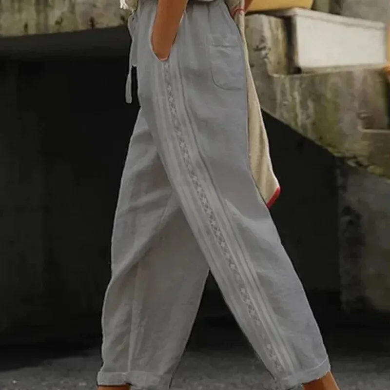 Women Fashion Embroidered Lace Straight Trousers Casual Drawstring Elastic Waist Pockets Pants Ladies Vintage Loose Long Pants