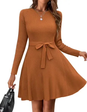 Zeagoo Women's Casual Dress Tie Waist Fall Ribbed Dress